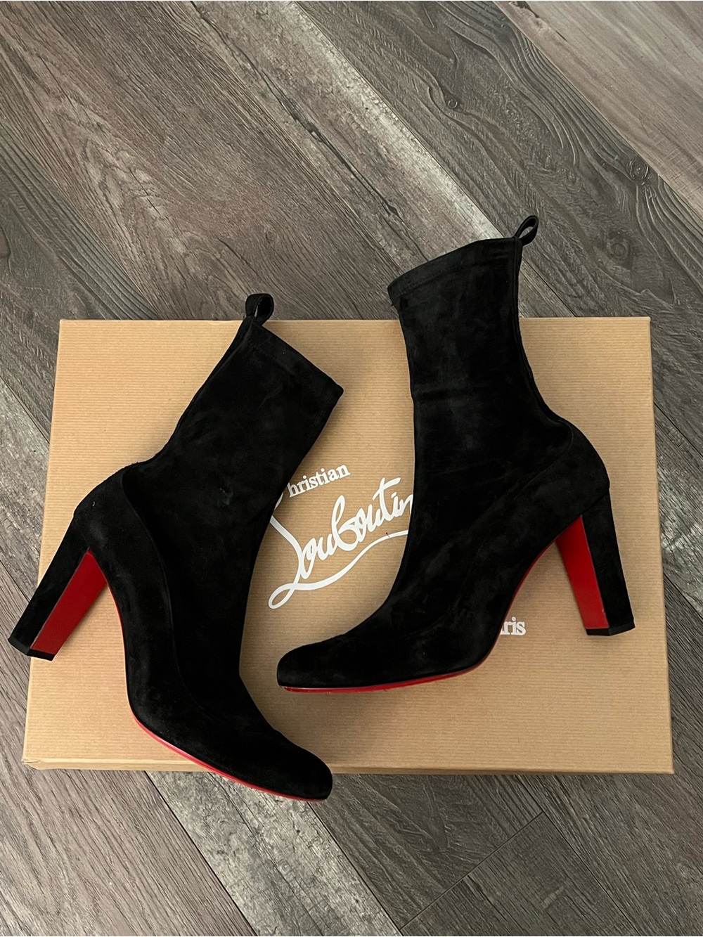 Christian Louboutin 85MM Pull on Stretch Suede Red Sole Ankle Boots
